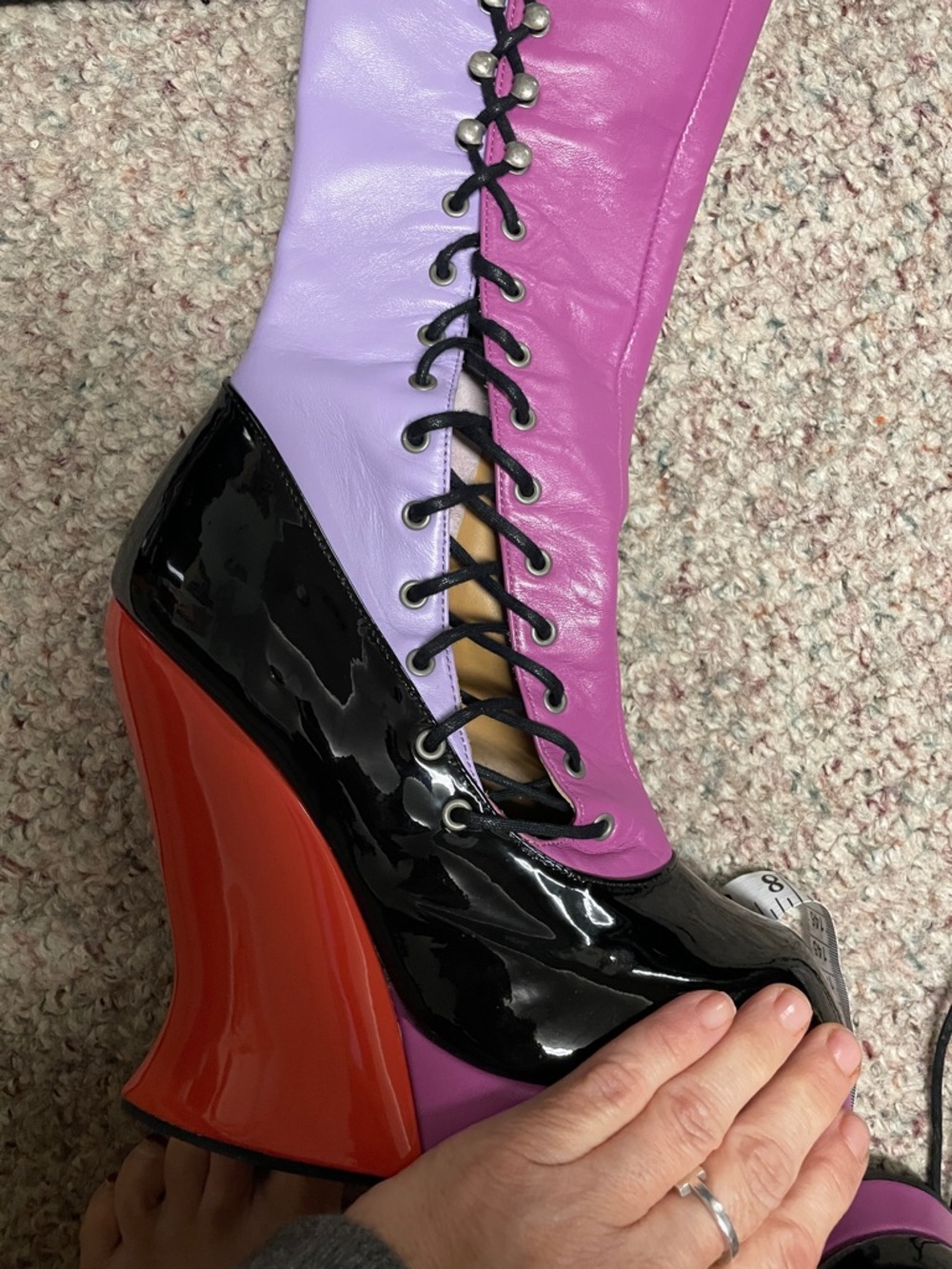 John fluevog grand national purple/Black Lace-Up Wedge Boots with Red Heel - Picture 6 of 11